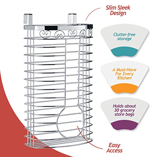 Sagler Grocery Bag Holder - Chrome Plastic Bag Holder - Easy-Access Openings Multi Position use Either Over The Cabinet Kitchen Storage Holder or Wall Mount