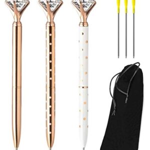 ILSTAR 3 PCS Big Diamond Pens Rose Gold – 3 Black Ink Refills, Cute Bag for Women Girls Coworker Bride, Cool Pretty Ballpoint Pen with Crystal on Top for Writing Fancy Bling Office School Supplies Set