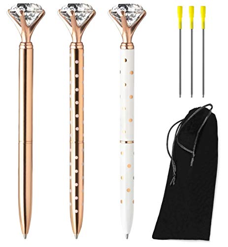 ILSTAR 3 PCS Big Diamond Pens Rose Gold – 3 Black Ink Refills, Cute Bag for Women Girls Coworker Bride, Cool Pretty Ballpoint Pen with Crystal on Top for Writing Fancy Bling Office School Supplies Set