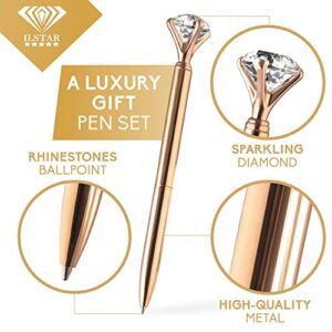 ILSTAR 3 PCS Big Diamond Pens Rose Gold – 3 Black Ink Refills, Cute Bag for Women Girls Coworker Bride, Cool Pretty Ballpoint Pen with Crystal on Top for Writing Fancy Bling Office School Supplies Set