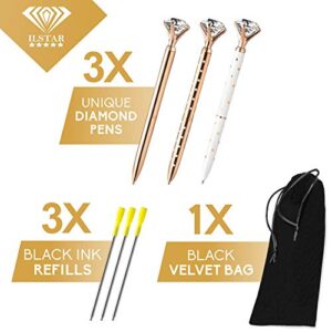 ILSTAR 3 PCS Big Diamond Pens Rose Gold – 3 Black Ink Refills, Cute Bag for Women Girls Coworker Bride, Cool Pretty Ballpoint Pen with Crystal on Top for Writing Fancy Bling Office School Supplies Set