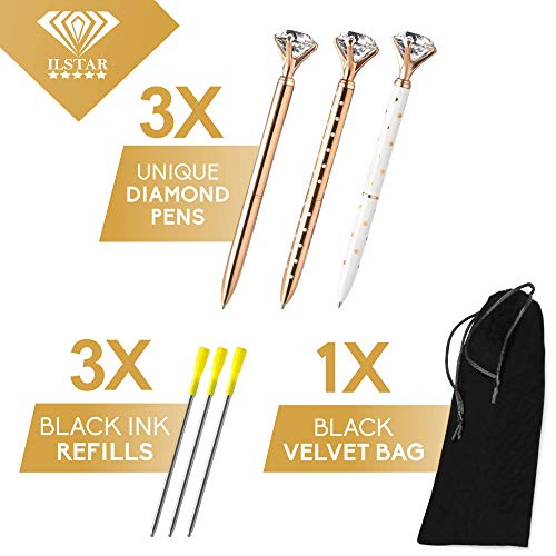 ILSTAR 3 PCS Big Diamond Pens Rose Gold – 3 Black Ink Refills, Cute Bag for Women Girls Coworker Bride, Cool Pretty Ballpoint Pen with Crystal on Top for Writing Fancy Bling Office School Supplies Set