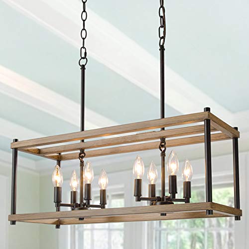 KSANA Farmhouse Chandelier for Dining Rooms, 8-Light Kitchen Island Lighting, Rectangular Chandelier 26'' in Length, Brown