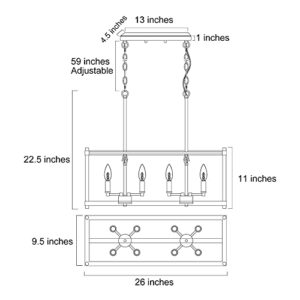 KSANA Farmhouse Chandelier for Dining Rooms, 8-Light Kitchen Island Lighting, Rectangular Chandelier 26'' in Length, Brown
