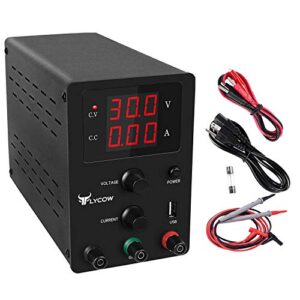 flycow dc power supply variable, adjustable 30v 10a switching dc regulated power supply with 3 digit led display reverse polarity/high temperature protection 110v/100cm alligator leads included