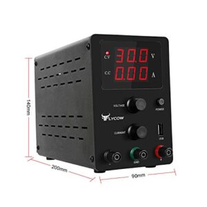 Flycow DC Power Supply Variable, Adjustable 30V 10A Switching DC Regulated Power Supply with 3 Digit LED Display Reverse Polarity/High Temperature Protection 110V/100CM Alligator Leads Included