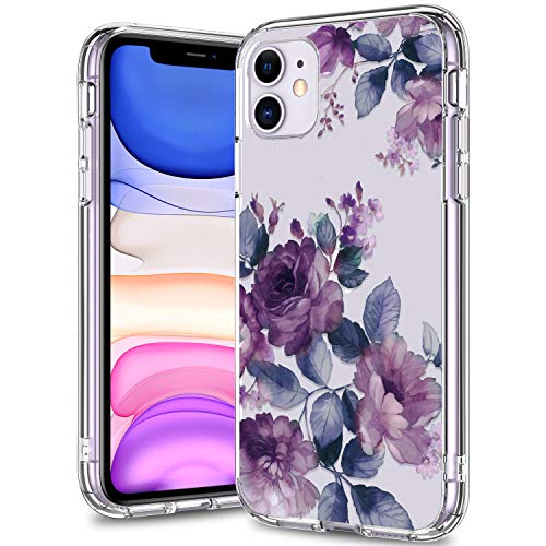 BICOL iPhone 11 Case Clear with Design for Girls Women,12ft Drop Tested,Military Grade Shockproof,Slip Resistant Slim Fit Protective Phone Case for Apple iPhone 11 6.1 inch 2019 Purple Blossoms