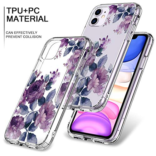 BICOL iPhone 11 Case Clear with Design for Girls Women,12ft Drop Tested,Military Grade Shockproof,Slip Resistant Slim Fit Protective Phone Case for Apple iPhone 11 6.1 inch 2019 Purple Blossoms