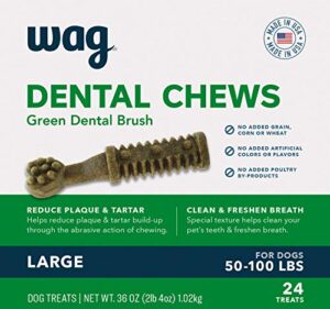 amazon brand - wag dog dental chews - green brush - large dogs (50 - 100 lb), 36oz, 24 count