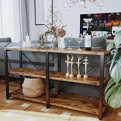 IRONCK Rustic Entryway Console Table, Long Hallway Table 55 in 3-Tier, TV Stand Entertainment Center Media Stand for Living Room, Industrial Style, Vintage Brown