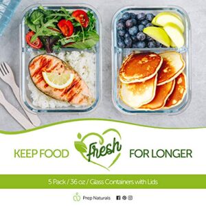 PrepNaturals glass food storage containers, meal prep container, bento box for lunch, dishwasher & microwave safe (multi-compartment)