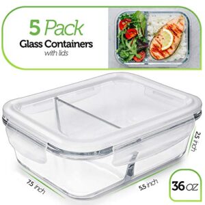 PrepNaturals glass food storage containers, meal prep container, bento box for lunch, dishwasher & microwave safe (multi-compartment)