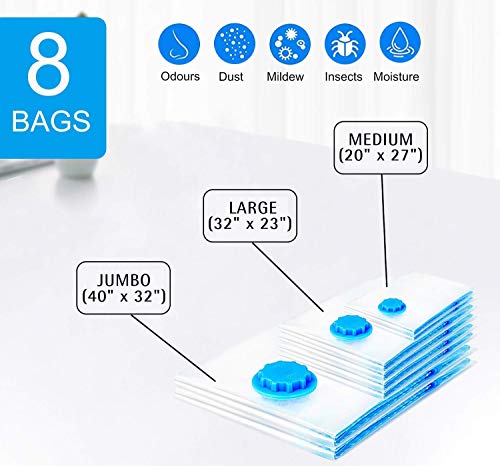 BZ Clothes Storage Bags. More Storage! Hand-Pump for Travel! Double-Zip Seal and Triple Seal Turbo-Valve for Max Space Saving (Variety 8 Pack)