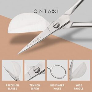 ONTAKI Applique Scissors 4.5" With Duckbill Edge Shaped Paddle For Art, Crafting, Fabric, Thread, Needlework and Embroidery - Versatile Miniature Scissors For Sewing Kit (Silver 4.5”)