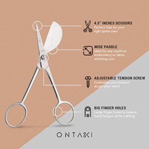 ONTAKI Applique Scissors 4.5" With Duckbill Edge Shaped Paddle For Art, Crafting, Fabric, Thread, Needlework and Embroidery - Versatile Miniature Scissors For Sewing Kit (Silver 4.5”)