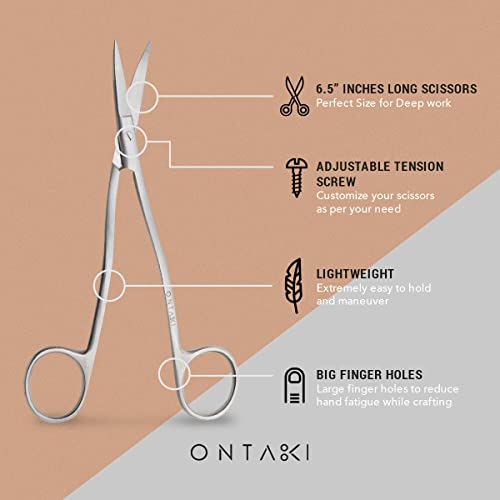 ONTAKI Dual Bent Machine Embroidery Scissors 6.5" - Premium German Steel Applique Fabric Scissors Angled Handle And Curved Razor-Sharp Small Tip For Optimal Precision Stitches, Crafting, Sewing-Silver