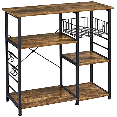 Yaheetech 4-Tier Kitchen Baker's Rack, Coffee Bar Microwave Stand Cart with Wire Basket & 6 Side Hooks, Kitchen Organizer Shelf for Spices/Utensils Foods, Rustic Brown