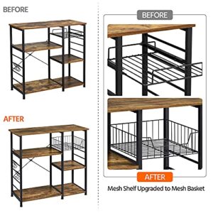 Yaheetech 4-Tier Kitchen Baker's Rack, Coffee Bar Microwave Stand Cart with Wire Basket & 6 Side Hooks, Kitchen Organizer Shelf for Spices/Utensils Foods, Rustic Brown
