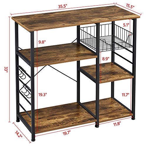 Yaheetech 4-Tier Kitchen Baker's Rack, Coffee Bar Microwave Stand Cart with Wire Basket & 6 Side Hooks, Kitchen Organizer Shelf for Spices/Utensils Foods, Rustic Brown