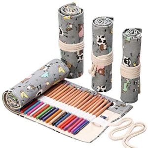 snadulor canvas pencil wrap,coloring travel portable roll canvas pencil case holder organizers storage with 48 slots for student artist adult colored pencils(grey cow)