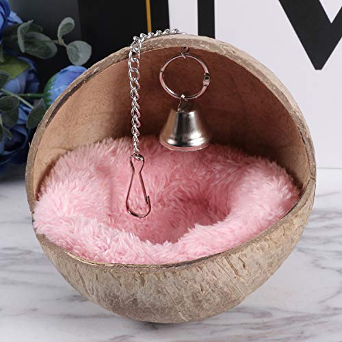 POPETPOP Dwarf Hamster Nest Hanging Bird Coconut Shell Warm Sleeping Bed Portable Bird Nest Bird House Resting Place for Dwarf Hamster Gerbil Squirrel (Random Color Cushion)