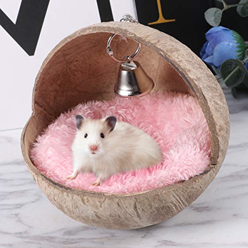 POPETPOP Dwarf Hamster Nest Hanging Bird Coconut Shell Warm Sleeping Bed Portable Bird Nest Bird House Resting Place for Dwarf Hamster Gerbil Squirrel (Random Color Cushion)