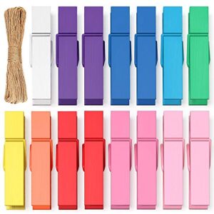 mini clothes pins for photo, small colored clothespins 100 pack wooden rainbow colorful picture clips with 32 ft string for crafts, little baby shower, display artwork, hanging decorative tiny cards