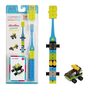 dr.ray kids toothbrush with building blocks and toothbrush covers, extra soft, ages 6+ (pack of 1, blue)