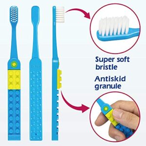 Dr.RAY Kids Toothbrush with Building Blocks and Toothbrush Covers, Extra Soft, Ages 6+ (Pack of 1, Blue)