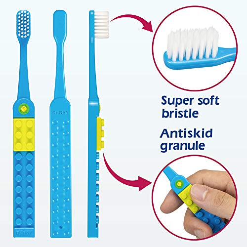 Dr.RAY Kids Toothbrush with Building Blocks and Toothbrush Covers, Extra Soft, Ages 6+ (Pack of 1, Blue)