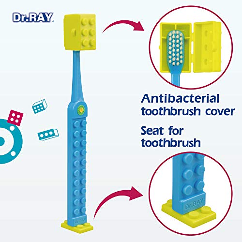 Dr.RAY Kids Toothbrush with Building Blocks and Toothbrush Covers, Extra Soft, Ages 6+ (Pack of 1, Blue)