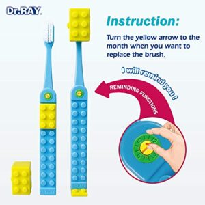 Dr.RAY Kids Toothbrush with Building Blocks and Toothbrush Covers, Extra Soft, Ages 6+ (Pack of 1, Blue)