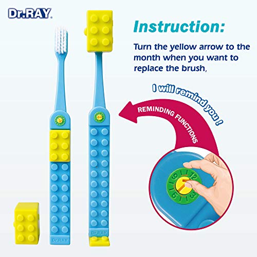 Dr.RAY Kids Toothbrush with Building Blocks and Toothbrush Covers, Extra Soft, Ages 6+ (Pack of 1, Blue)