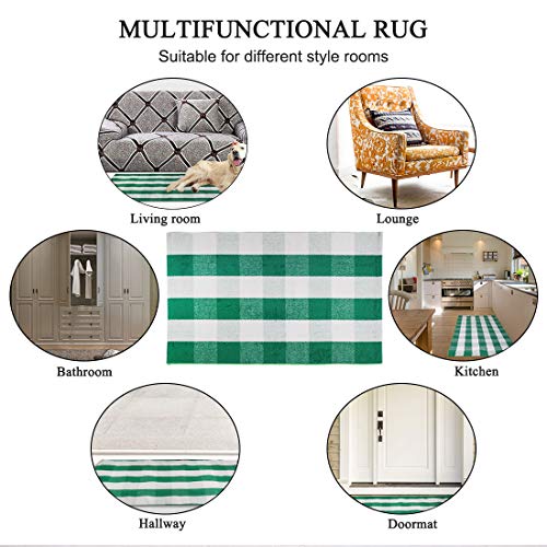 uxcell Buffalo Check Rug,Plaid Outdoor Rug,Layered Door Mat,Cotton Gingham Rugs,Floor Mat for Front Porch/Runner/Bedroom/Kitchen/Farmhouse 35"x24" Green & White