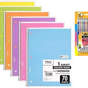 Back To School Supplies Bundle Set Of 6 Mead Spiral Notebook 1-subject, College Ruled, Pastel Color Cute School Notebooks, 70 Pages With 24 Ct Of Bic Xtra-sparkle Mechanical Pencil, Medium Point 0.7mm