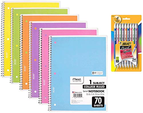 Back To School Supplies Bundle Set Of 6 Mead Spiral Notebook 1-subject, College Ruled, Pastel Color Cute School Notebooks, 70 Pages With 24 Ct Of Bic Xtra-sparkle Mechanical Pencil, Medium Point 0.7mm