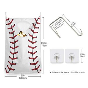 Red Stitching Baseball Door Hanging Laundry Hamper Bag Softball Laces Space Saving Wall Large Laundry Basket Storage Dirty Clothes Bags with Bottom Zippers Hooks for Bathroom Bedroom 1 Pcs