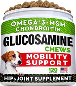 glucosamine treats for dogs - joint supplement w/ omega-3 fish oil - chondroitin, msm - advanced mobility chews - joint pain relief - hip & joint care - chicken flavor - 120 ct - made in usa