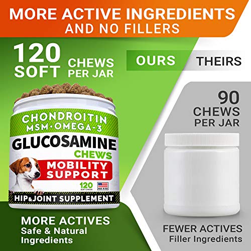 Glucosamine Treats for Dogs - Joint Supplement w/ Omega-3 Fish Oil - Chondroitin, MSM - Advanced Mobility Chews - Joint Pain Relief - Hip & Joint Care - Chicken Flavor - 120 Ct - Made in USA