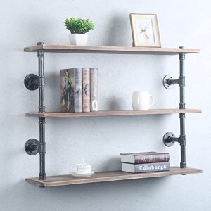 jianzhuo industrial pipe shelf real wood floating shelves,rustic 3 tier wall shelf bar pipe shelving,steampunk pipe shelves wall mounted,metal bookshelf kitchen wall shelves(36in)