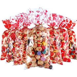 blulu 180 pieces valentines treat favor bags cellophane plastic clear candy goodie gift bags with 200 pieces gold and red twist ties for valentine's day party decorations, 6 assorted styles