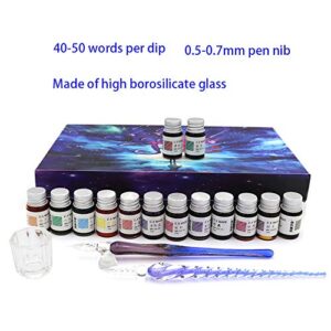 AXEARTE Glass Dip Pen Set, 18-Pieces Calligraphy Pens Set - 14 Color Inks, Pen Holder, Cleaning Cup, 2 Crystal Glass Pens for Art, Writing, Drawing, Signatures, Gift for Kids and Artist