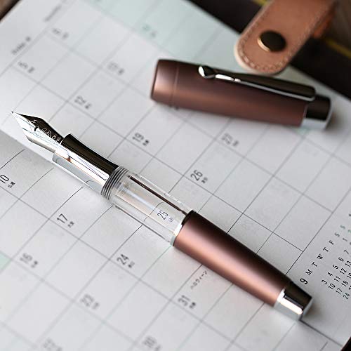 Asvine Mojiang T2 Elastic Piston Fountain Pen, Brown Alloy Acrylic Large-Capacity Ink Pen, Fine Nib with Pen Case