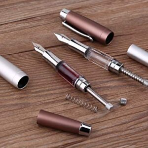 Asvine Mojiang T2 Elastic Piston Fountain Pen, Brown Alloy Acrylic Large-Capacity Ink Pen, Fine Nib with Pen Case