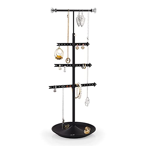 Alsonerbay Necklace Holder Organizer Stand, 4 Tier Hanging Jewelry Tower, Rotatable Metal Earring Tree, Black Jewelry Storage Rack for Display Bracelet and Rings