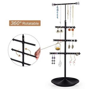 Alsonerbay Necklace Holder Organizer Stand, 4 Tier Hanging Jewelry Tower, Rotatable Metal Earring Tree, Black Jewelry Storage Rack for Display Bracelet and Rings