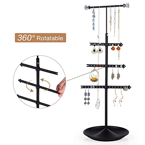 Alsonerbay Necklace Holder Organizer Stand, 4 Tier Hanging Jewelry Tower, Rotatable Metal Earring Tree, Black Jewelry Storage Rack for Display Bracelet and Rings