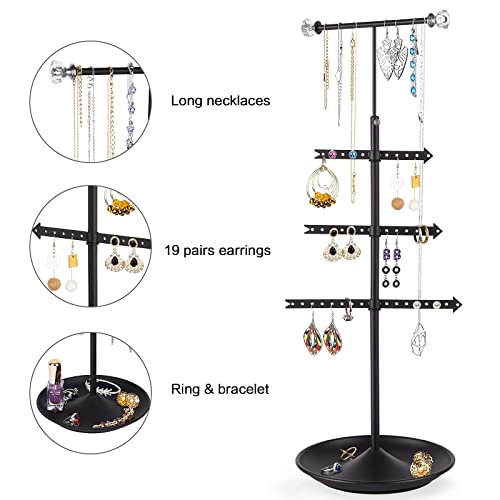 Alsonerbay Necklace Holder Organizer Stand, 4 Tier Hanging Jewelry Tower, Rotatable Metal Earring Tree, Black Jewelry Storage Rack for Display Bracelet and Rings