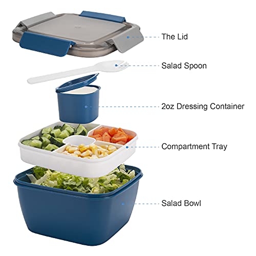 Freshmage Salad Lunch Container To Go, 52-oz Salad Bowls with 3 Compartments, Salad Dressings Container for Salad Toppings, Snacks, Men, Women (Blue)