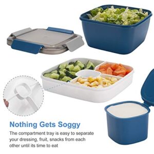 Freshmage Salad Lunch Container To Go, 52-oz Salad Bowls with 3 Compartments, Salad Dressings Container for Salad Toppings, Snacks, Men, Women (Blue)